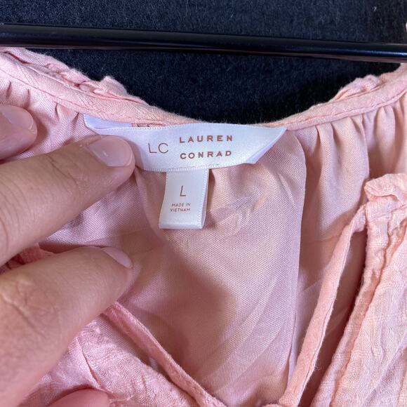 LC Lauren Conrad Womens Blouse Blush Pink Checkered Lined Long Sleeve Flowy L - Picture 6 of 14
